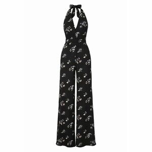 Abercrombie & Fitch Floral Halter Wide Leg Jumpsuit XXSP petite Black Tie Neck